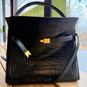 Tory Burch Black Crocodile-Embossed Shoulder Bag